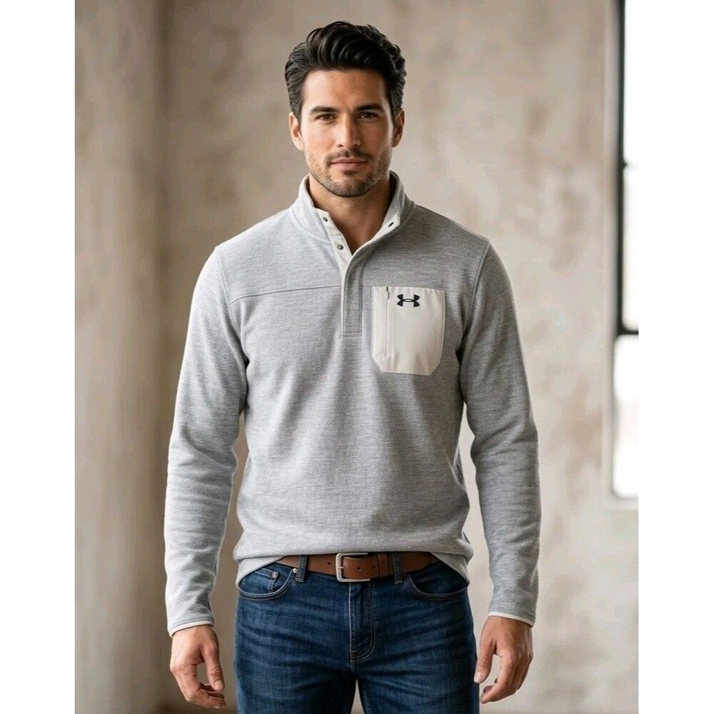 Under Armour Mens Large ColdGear Snap 1/4 Fleece Pullover Gray Pocket
